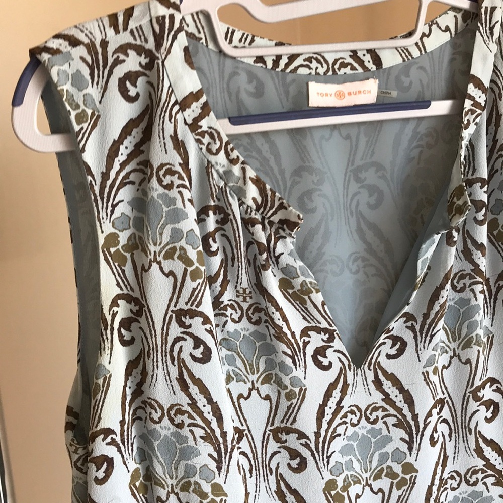 Tory Burch Pale Blue and Brown Printed Sleeveless Blouse